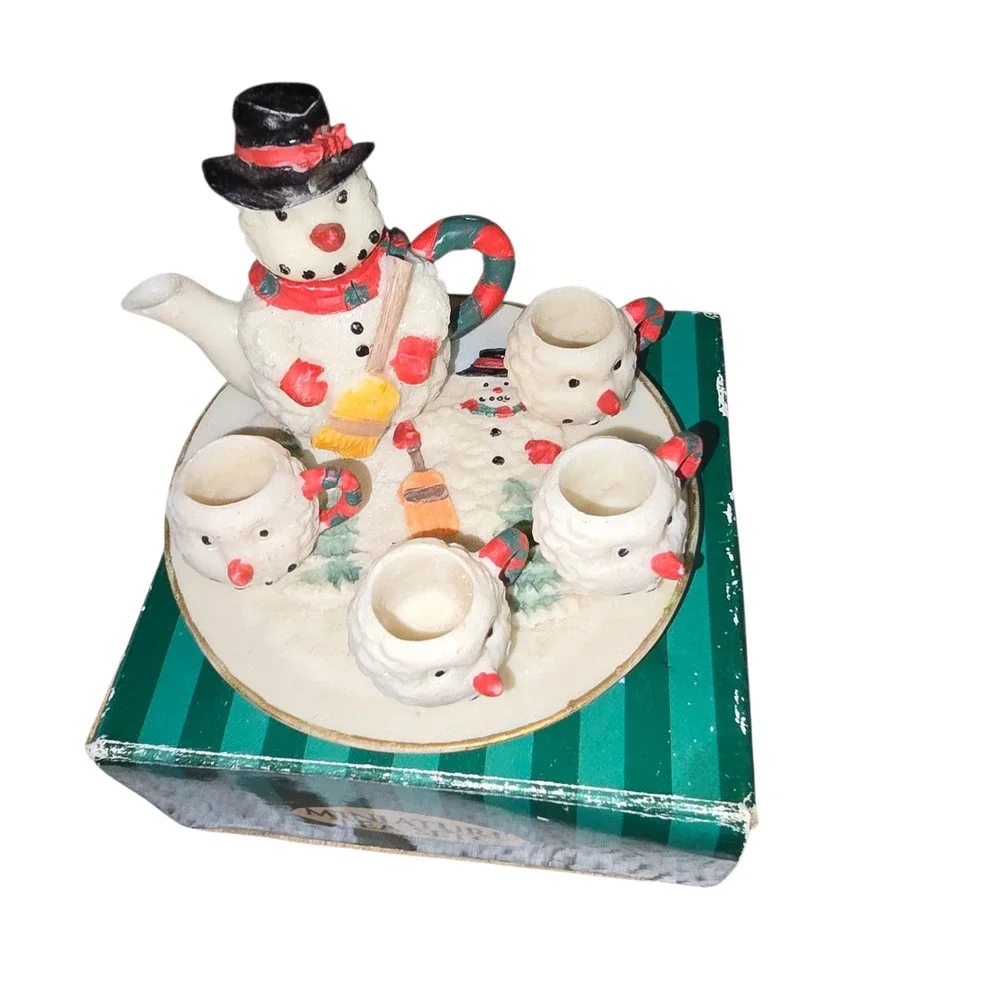 Snowman Miniature Tea Set Christmas Holiday Decor 6-Piece Ceramic Set Snowman
